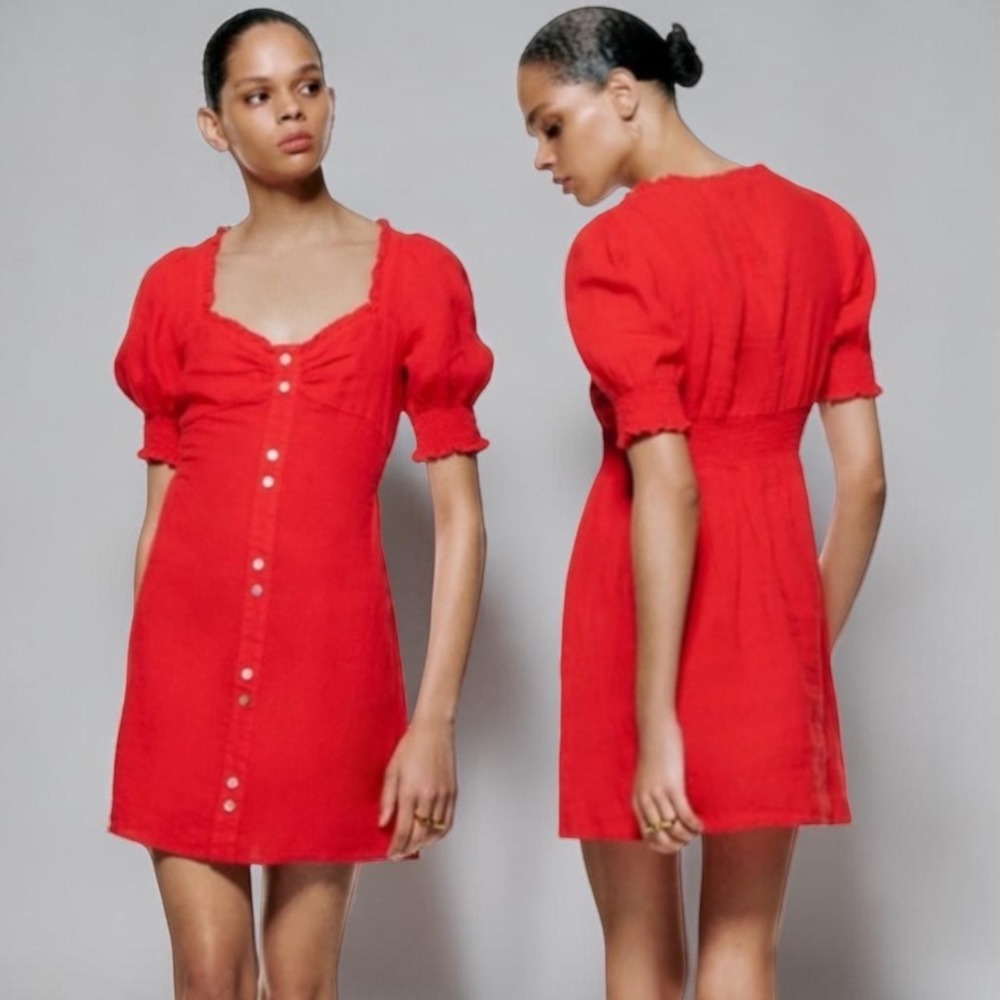 Zara Red 100% Linen Puff Sleeve‎ Mini Dress Size M Cottagecore Milkmaid Coquette